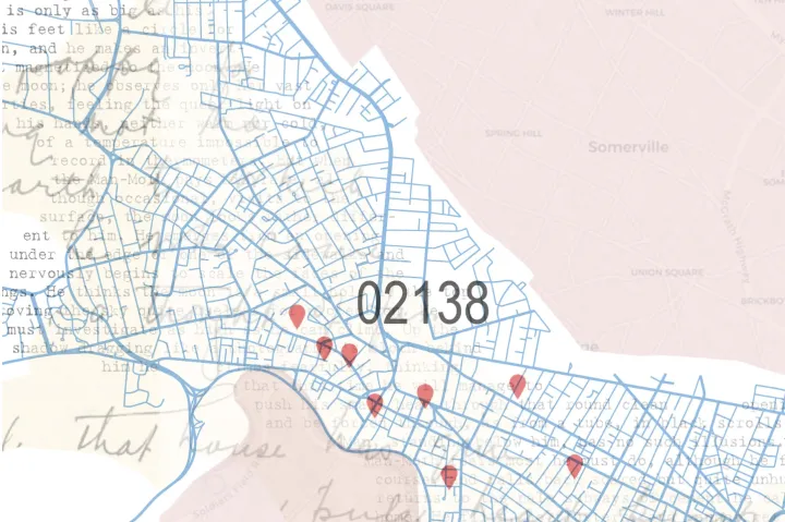 Illustration of map of Cambridge, MA with poetry in background