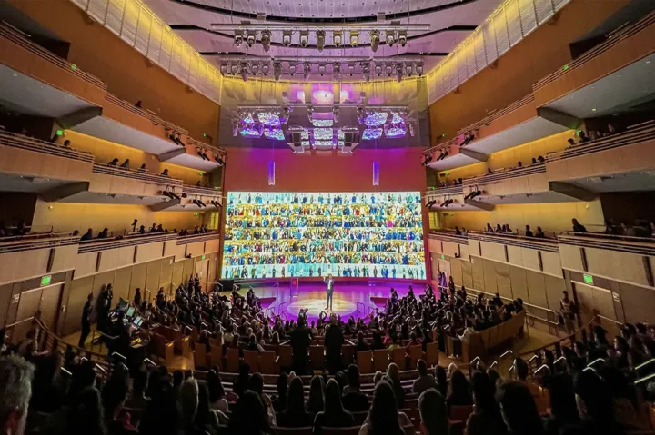 Attendees from around the world gathered at Klarman Hall for the President's Innovation Challenge, which featured an immersive audio visual display.
