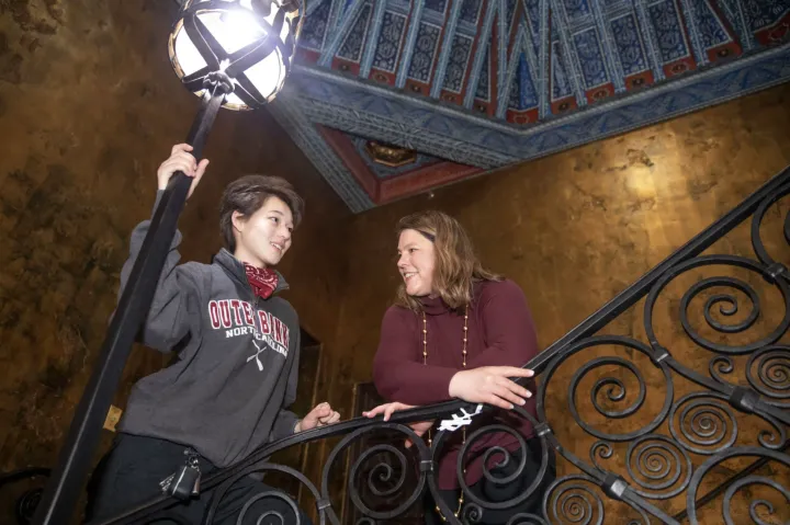 Elio Kennedy-Yoon ’25 and his mom, Katherine Kennedy ’88, in Adams House.