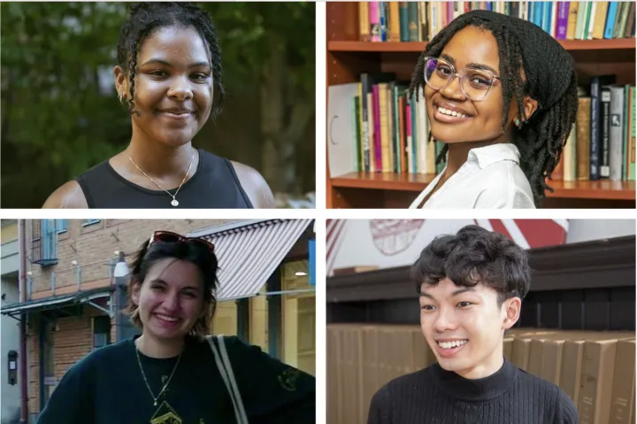 Clockwise from top left: Aya Henry smiles at the camera against a green, forested background; Kayla Bey poses for the camera in front of a bookshelf; Ryan Doan-Nguyen smiles in front of a bookcase; Mira Alpers smiles in front of a storefront.