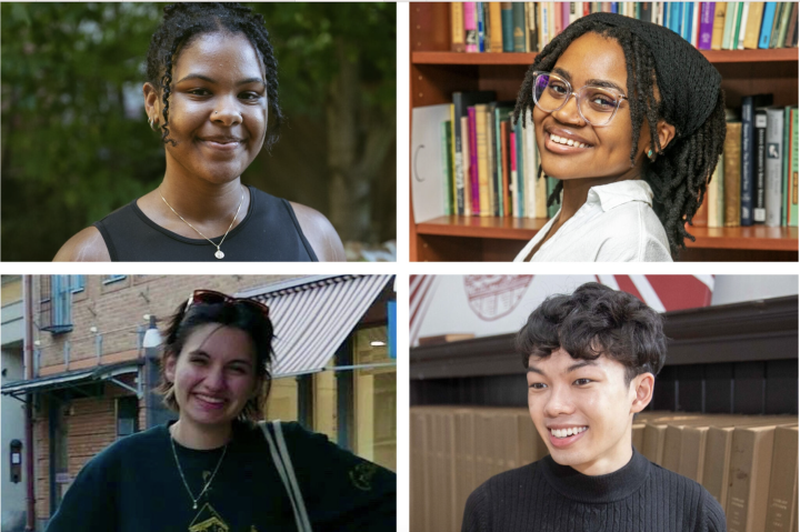 Clockwise from top left: Aya Henry smiles at the camera against a green, forested background; Kayla Bey poses for the camera in front of a bookshelf; Ryan Doan-Nguyen smiles in front of a bookcase; Mira Alpers smiles in front of a storefront. 