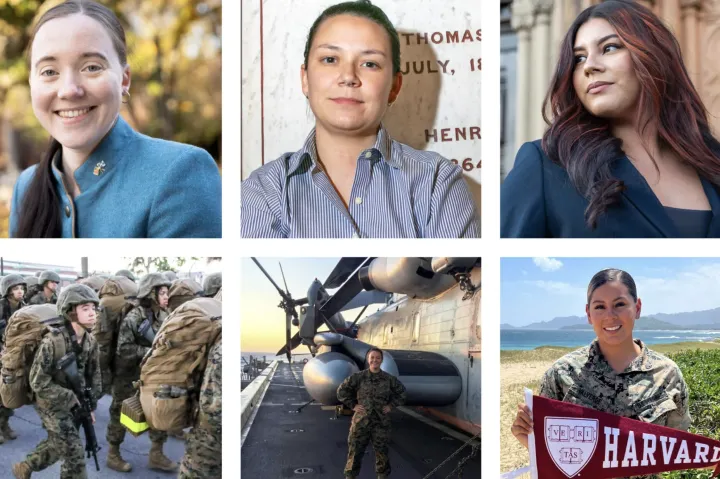 Alyssa Ross (from left), Naomi Whidden, and Vanessa Valverde on campus and during their military service.