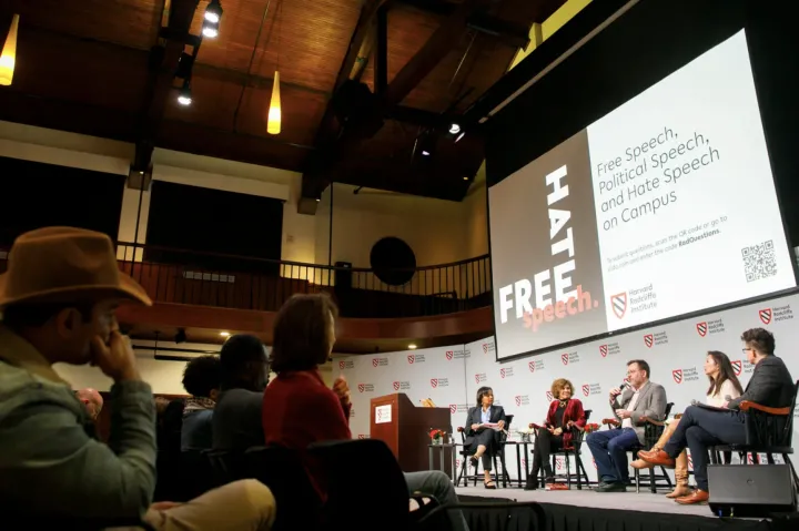 Radcliffe Dean Tomiko Brown-Nagin (from left), Nadine Strossen, Keith E. Whittington, Jeannie Suk Gersen, and Erica Chenoweth discussed the practical and legal challenges around speech policies on college campuses.