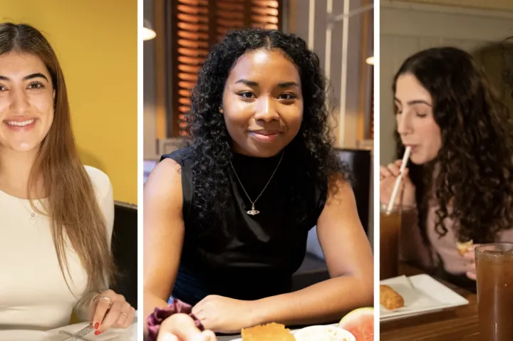 Students Thamina Noorzai (from left), Denver Tolson, Valeria Barriobero, and Ricardo Fernandes Garcia dine at local restaurants that remind them of home.