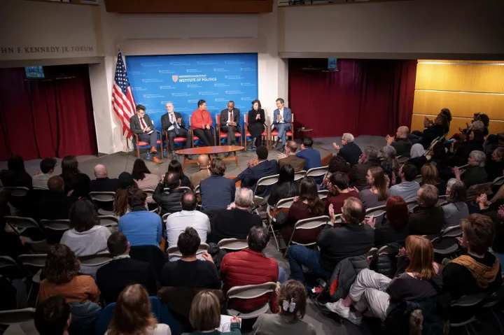 Panelists Erica Chenoweth (from left), Arthur Brooks, Danielle Allen, Cornell Brooks, Eliana La Ferrara, and Archon Fung address “Dissent, Disagreement, and Democracy” at the JFK Forum.