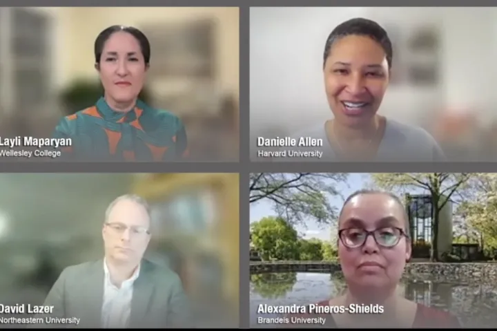 Moderator Layli Maparyan (clockwise from upper left) leads a livestream discussion with Harvard’s Danielle Allen, Brandeis’ Alexandra Pineros-Shields, and Northeastern’s David Lazer.