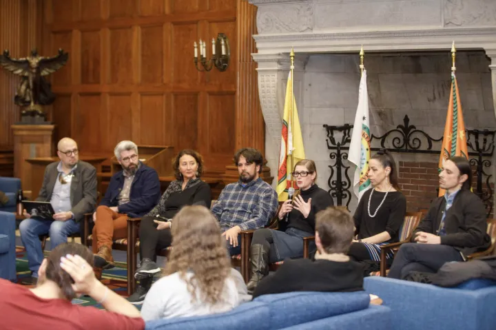 Daniel Heath Justice (from left), Ross Mulcare, Stacy Leeds, Benjamin Frey, Julie Reed, Courtney Lewis, and Joseph Pierce take part in the three-day Cherokee Scholars symposium.