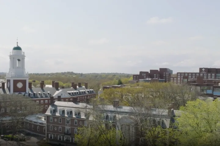 Aerial of Eliot House with green domed building