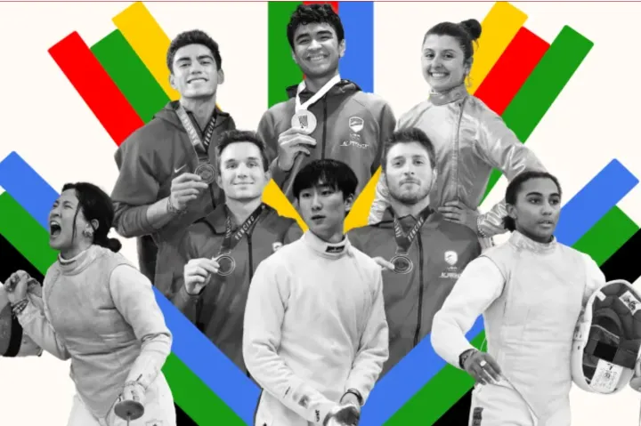 From left Mitchell Saron, Colin Heathcock, Elizabeth Tartakovsky (top row); Filip Dolegiewicz, Eli Dershwitz (second row); Jessica Zi Jia Guo, Nicholas Zhang, Lauren Scruggs (bottom row). Photos courtesy of International Fencing Federation; photo illustration by Judy Blomquist/Harvard Staff