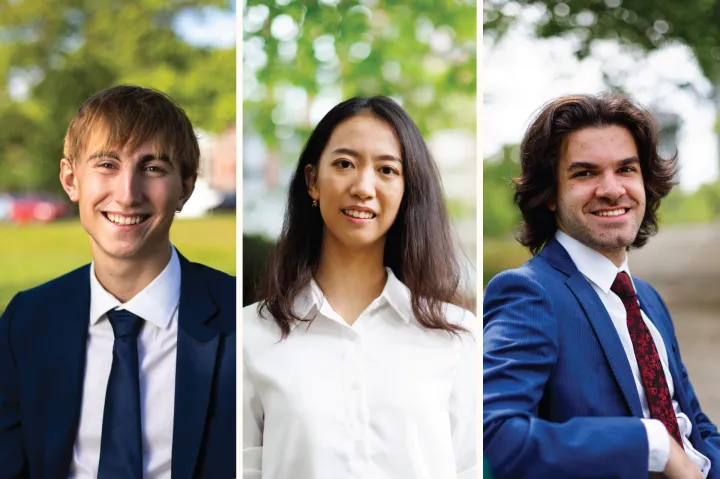 Graduates Thor Reimann (from left), Yurong “Luanna” Jiang, and Aidan Scully will deliver speeches Thursday at Commencement.