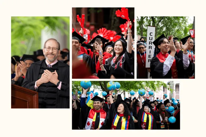 Collage of graduates celebrating in caps and gowns at a commencement ceremony