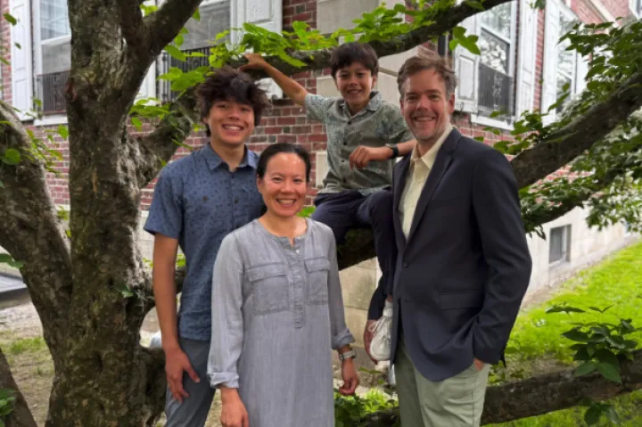 Incoming interim faculty deans of Kirkland House Peter Huybers and Downing Lu with their children.