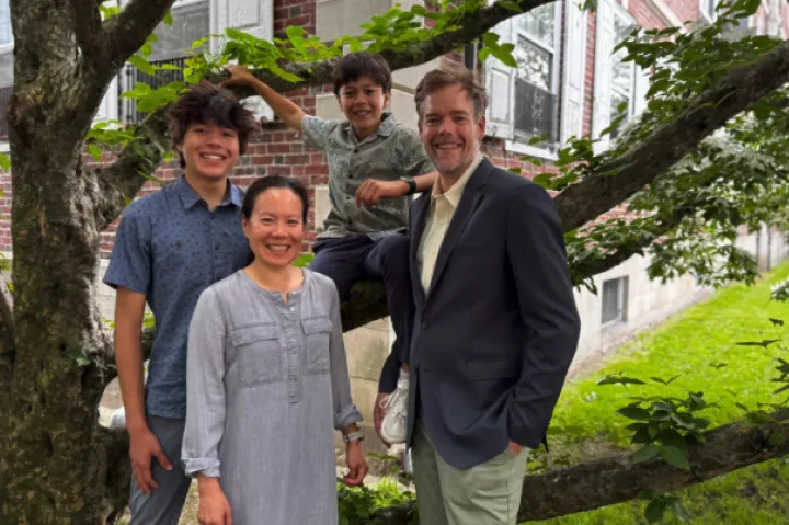 Incoming interim faculty deans of Kirkland House Peter Huybers and Downing Lu with their children.