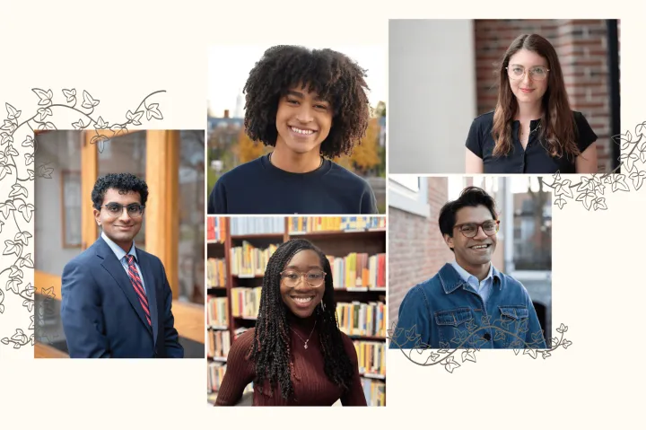 Collage of five diverse young adults smiling for portraits, with vine illustrations in the background.