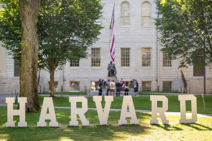 Large letters spellin out "Harvard" out in Harvard Yard.