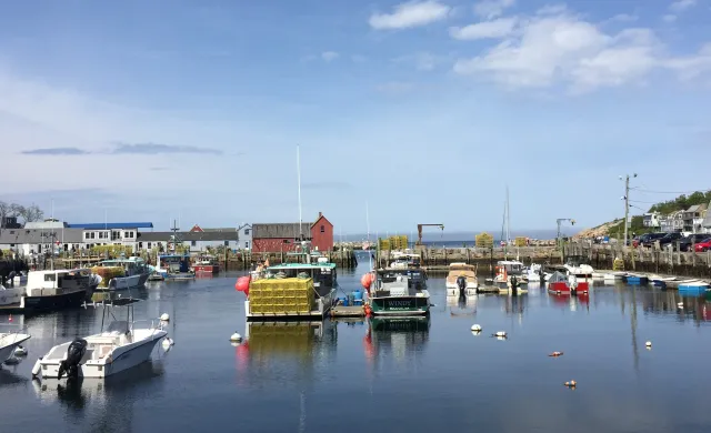 boats in harbor with red building in the distance