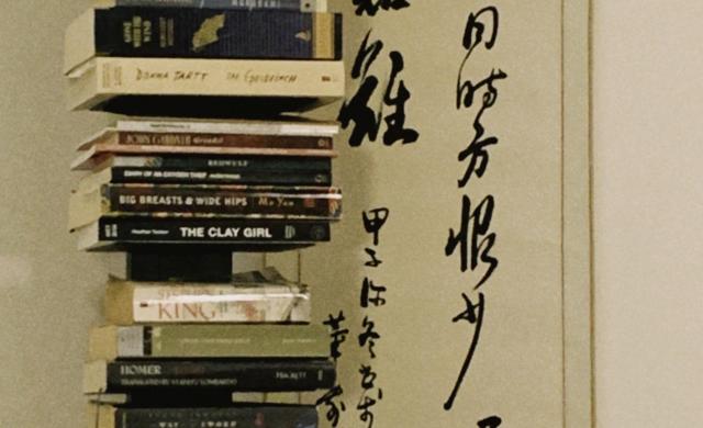  Stack of Books in Front of Painting