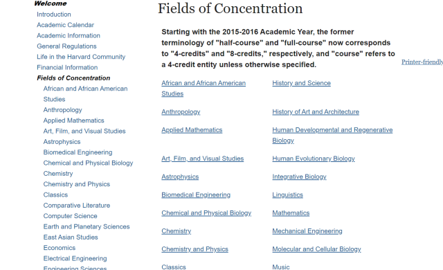 A screenshot from the Fields of Concentration website displaying a list of possible concentrations