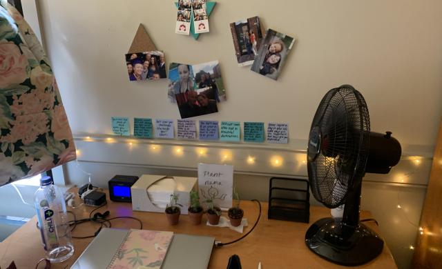 A desk and study space in a Harvard first-year student's dorm