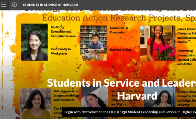 Digital book cover with student headshots and project titles