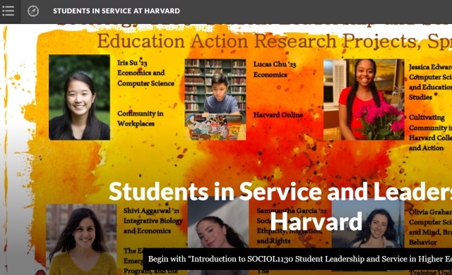 Digital book cover with student headshots and project titles