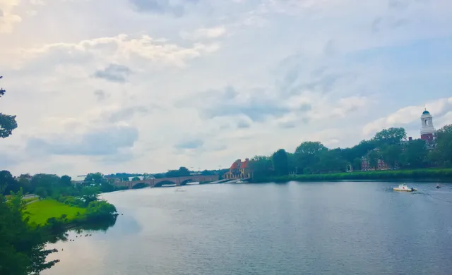 A picture of the Charles River overlooking Harvard's River Houses