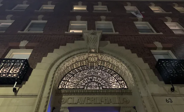 The front of the main entrance to the dormitory Claverly Hall. 