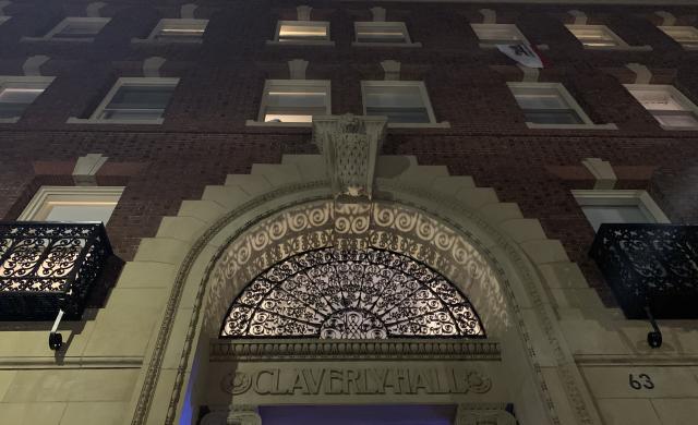 The front of the main entrance to the dormitory Claverly Hall. 