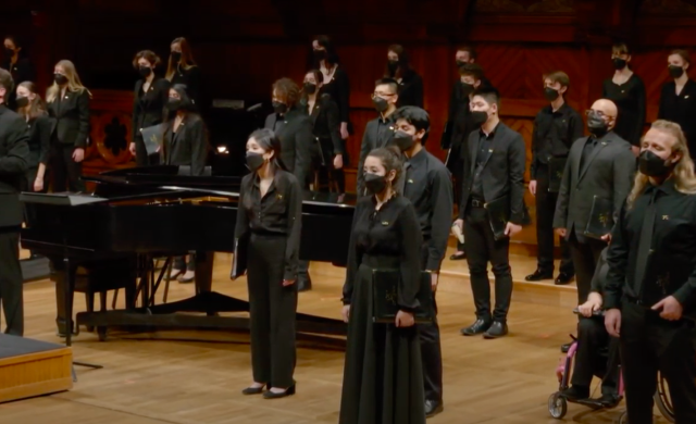 A picture of the Harvard-Radcliffe Collegium Musicum singing at Reunion: A Fall Concert.