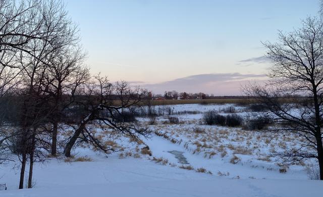 Image of a snowy field with a frozen stream at dawn. 