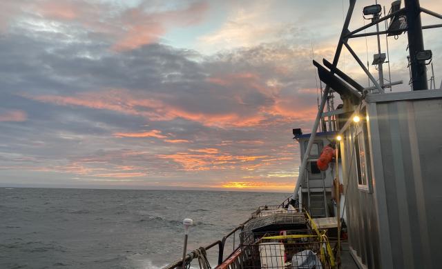View of sunrise over the open ocean and part of the deck of the boat. 