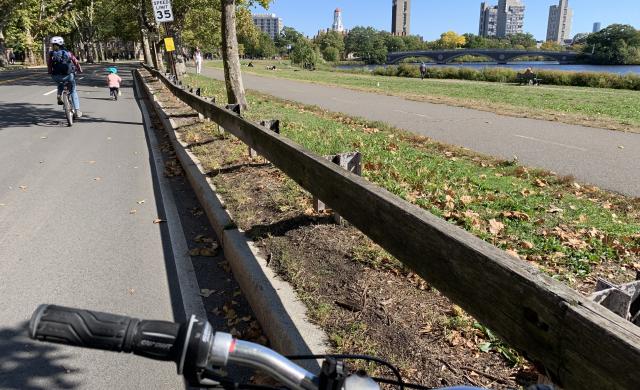 Picture of a grassy walkway beside a river with buildings in the background.