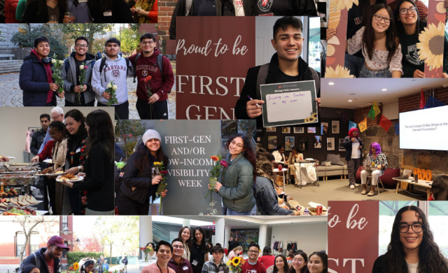 A collage of picctures taken during FGLI Visibility Week. There are pictures of students holding flowers, pictures of students at the student-faculty dinner, students holding papers sharing what being FGLI means to them. 