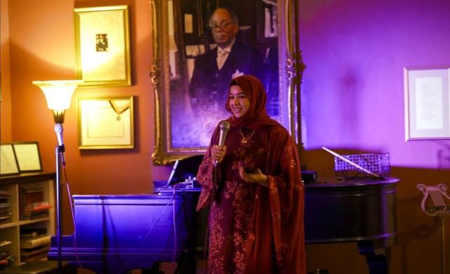 Samia Afrose, President of BASHA speaking about the Flood Relief Fundraiser for Bangladesh.