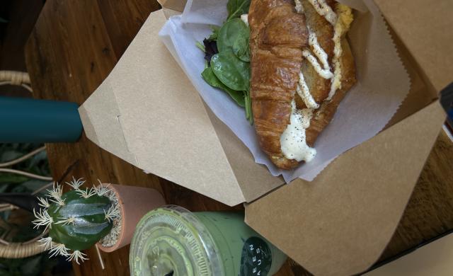 Strawberry Matcha latte and breakfast sandwich