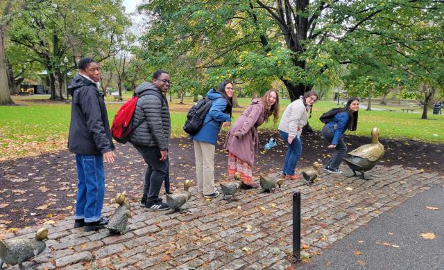 Lizbeth pictured in the Boston Commons with five friends from her Emerging Scholars Program cohort.