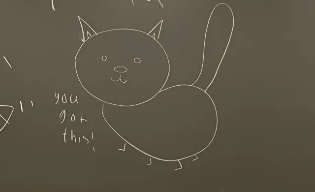 Drawing of a cat on a chalk board with the message "you got this!" written on the left