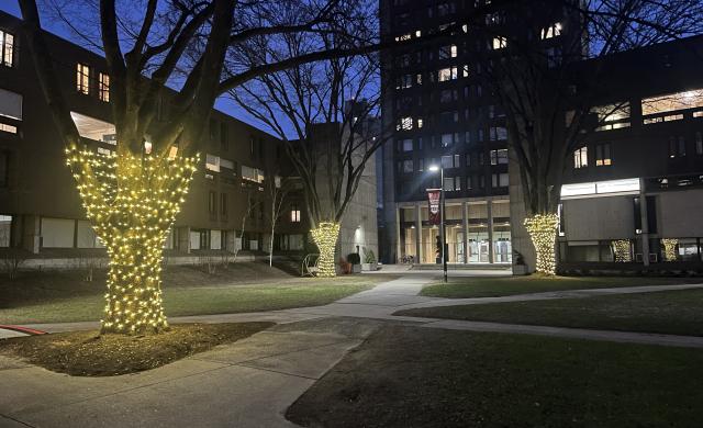 A view of the Mather House Courtyard at night