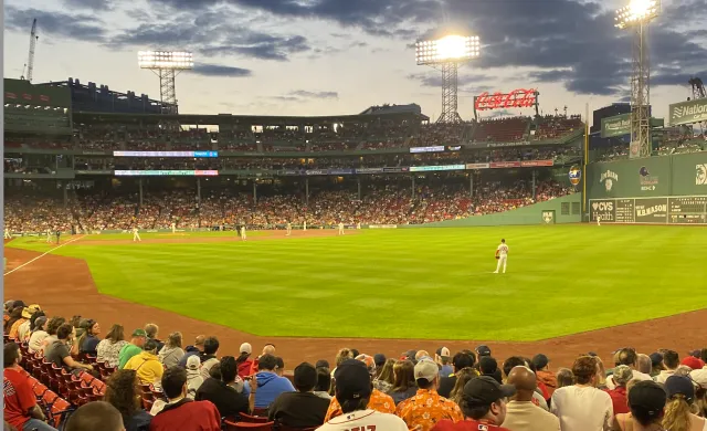 Outfield seat view of a game at Fenway Park between the Boston Red Sox and the Baltimore Orioles