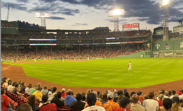 Outfield seat view of a game at Fenway Park between the Boston Red Sox and the Baltimore Orioles