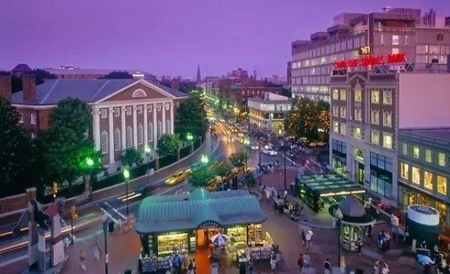 Picture of Harvard Square with purple sky