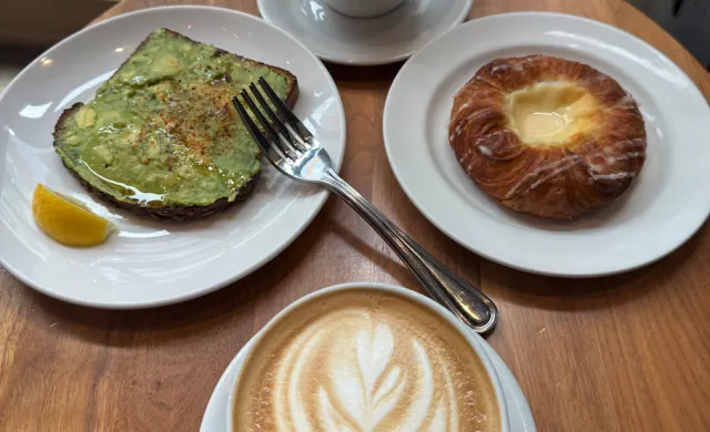 Coffees, pastries, and avocado toast