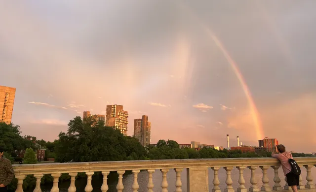 A view of a rainbow sunset from the pedestrian bridge