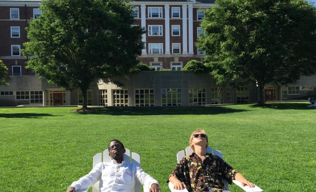 Photograph of author and friend on lawn