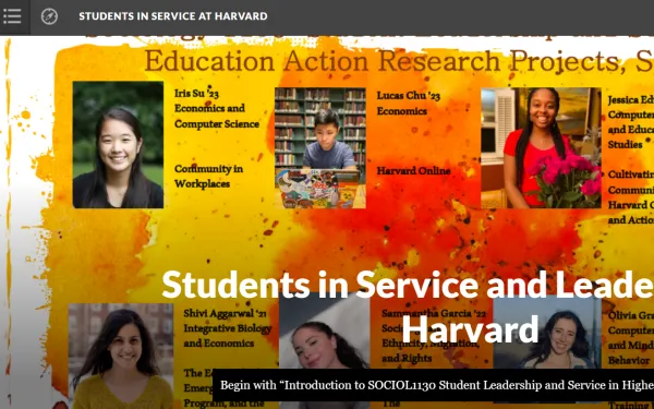 Digital book cover with student headshots and project titles