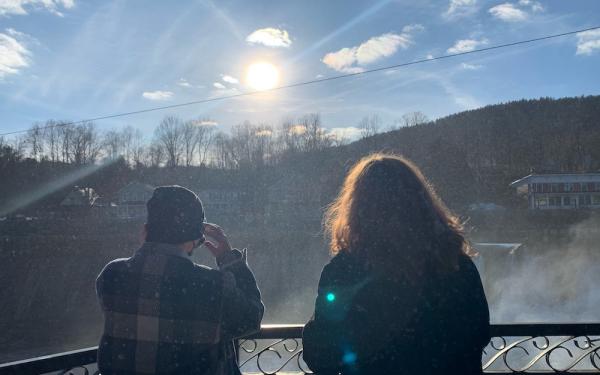 My roommate and I standing in the mist of a waterfall at Shelburne Falls. 