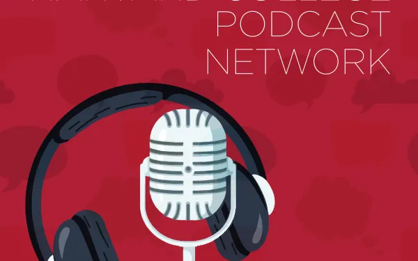Logo of the harvard college podcast network. The logo includes a microphone and a headset that is hanging off of the microphone.