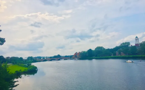 A picture of the Charles River overlooking Harvard's River Houses