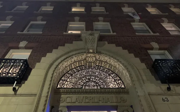 The front of the main entrance to the dormitory Claverly Hall. 