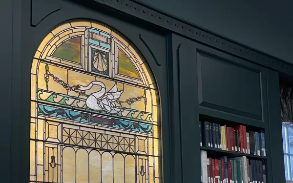Stained glass and books in Loeb Music Library